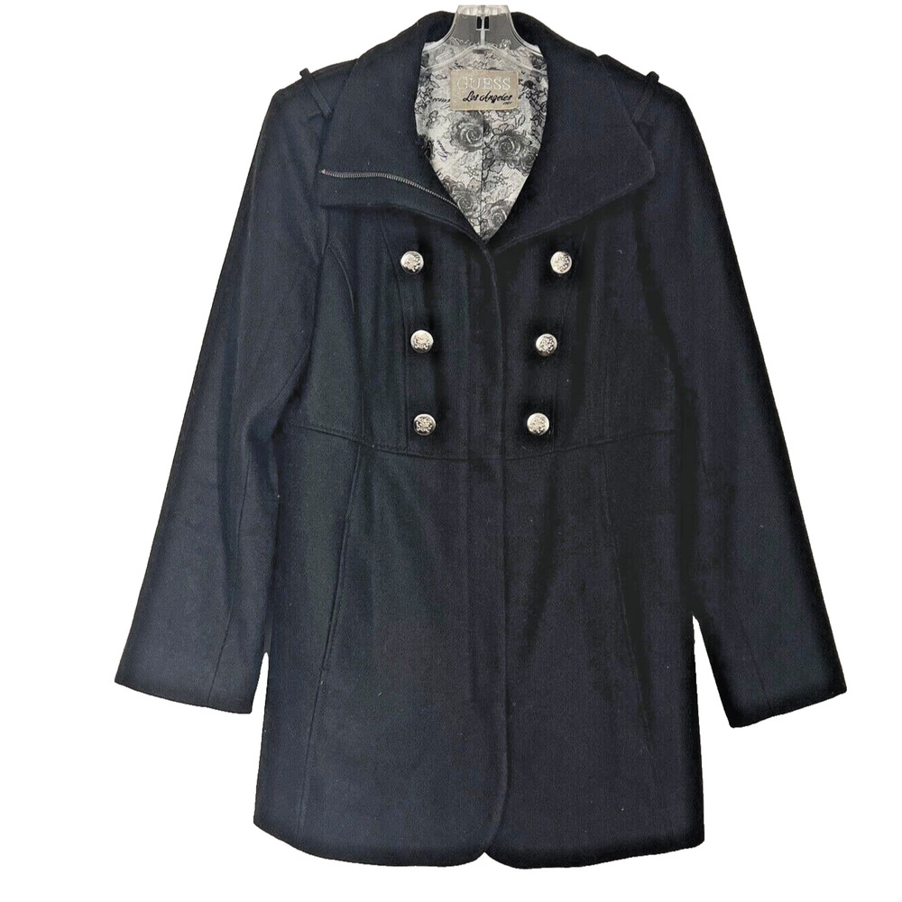 Guess Vintage Pea Coat Womens Large(no tag) Black Wool Blend Lined Preppy Jacket